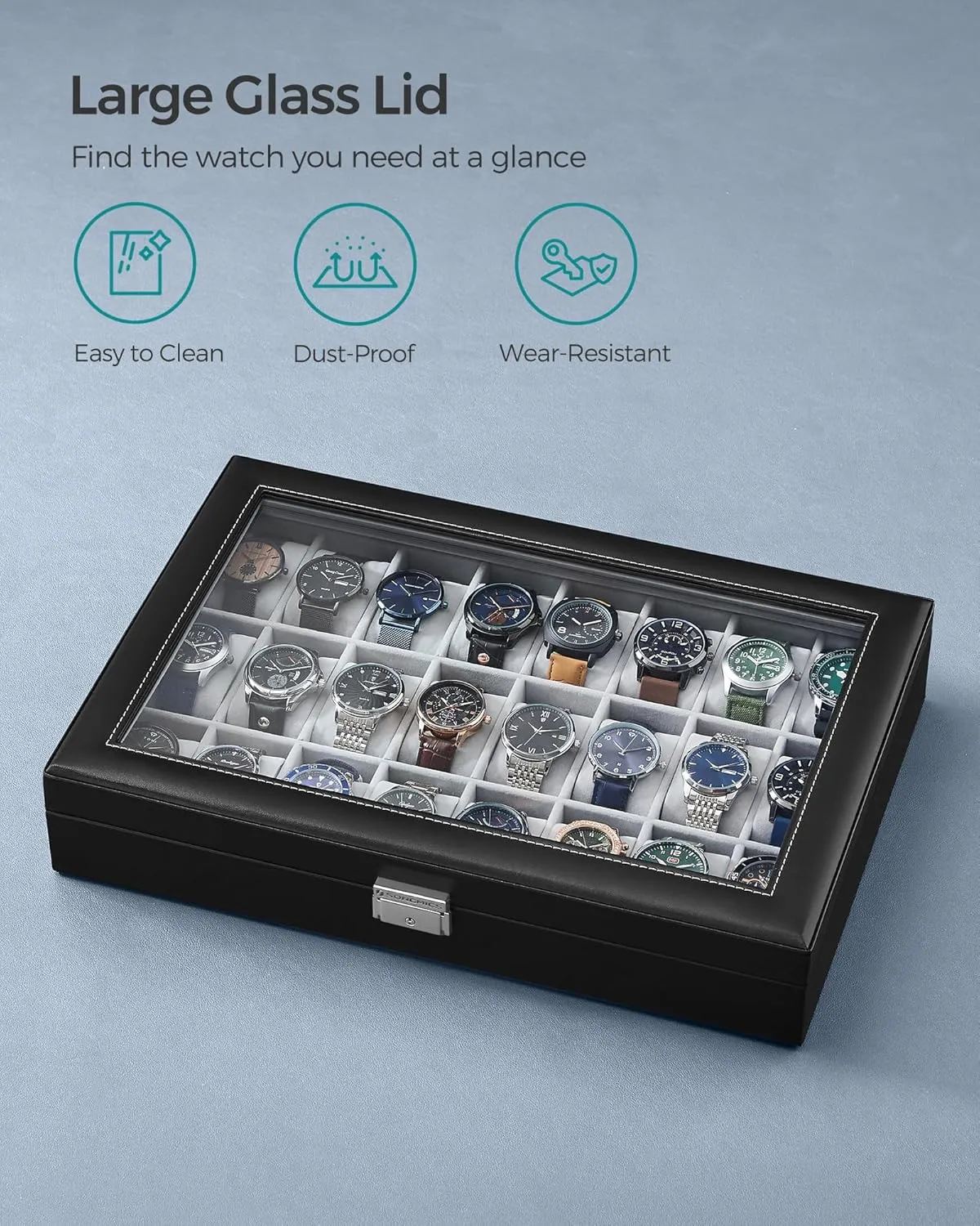 SONGMICS 24-Slot Watch Box, Lockable Storage Case With Glass Lid, Ink Black Synthetic Leather, Dove Gray Lining, Gift Idea UJWB024