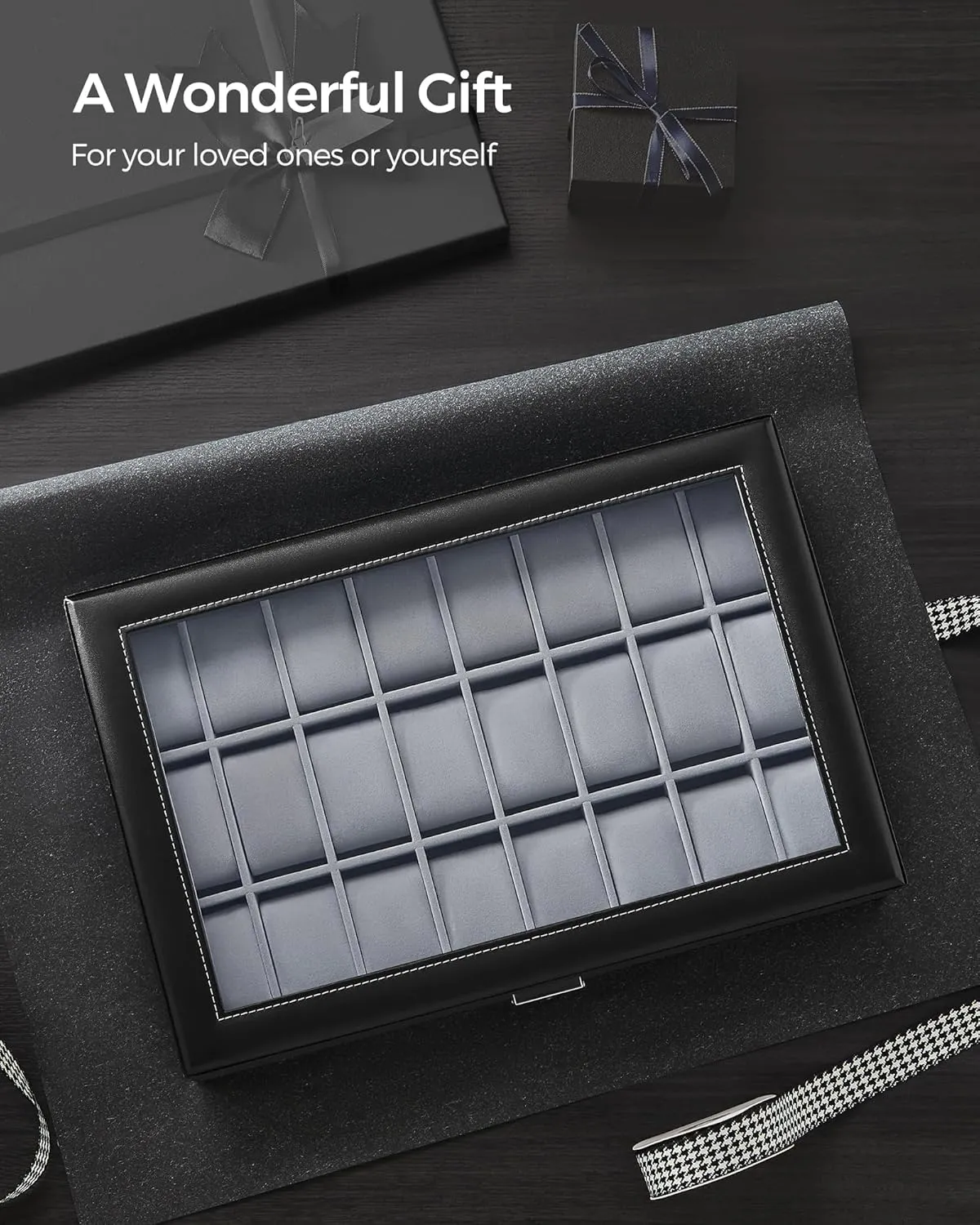 SONGMICS 24-Slot Watch Box, Lockable Storage Case With Glass Lid, Ink Black Synthetic Leather, Dove Gray Lining, Gift Idea UJWB024
