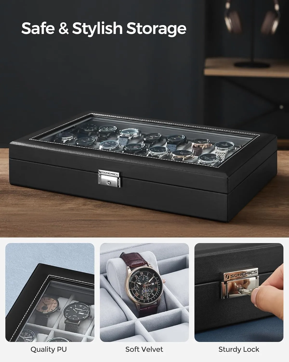 SONGMICS 24-Slot Watch Box, Lockable Storage Case With Glass Lid, Ink Black Synthetic Leather, Dove Gray Lining, Gift Idea UJWB024