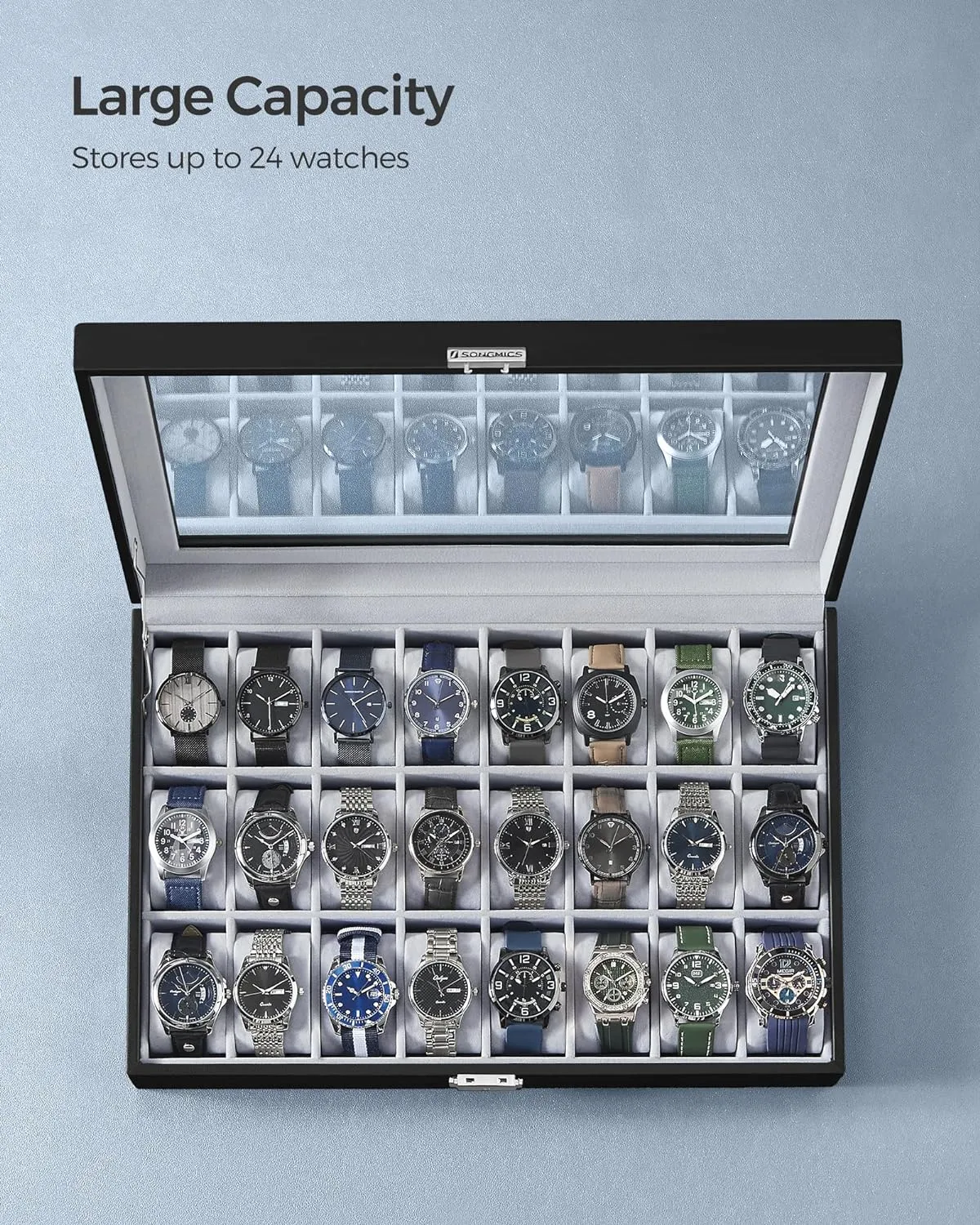 SONGMICS 24-Slot Watch Box, Lockable Storage Case With Glass Lid, Ink Black Synthetic Leather, Dove Gray Lining, Gift Idea UJWB024