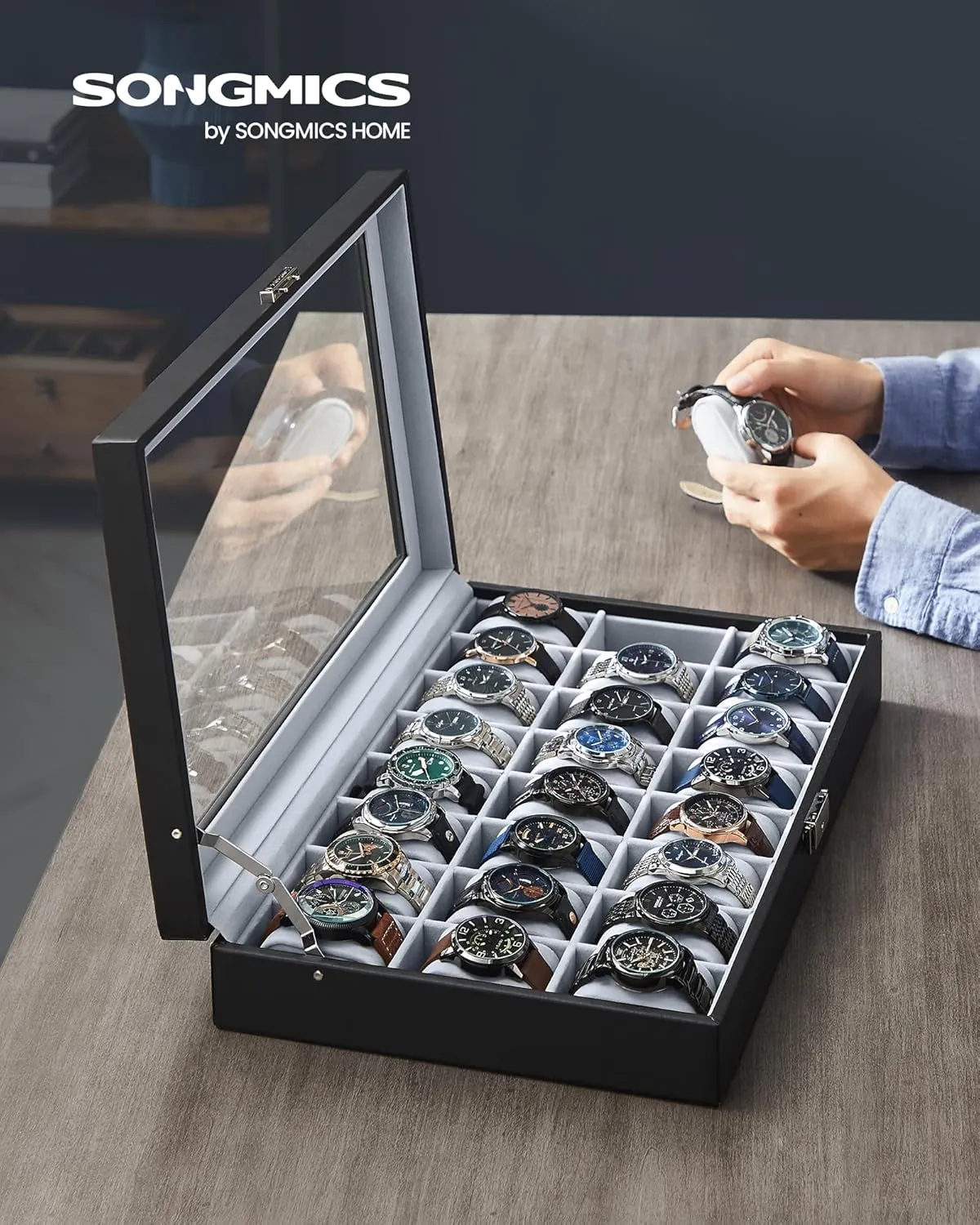 SONGMICS 24-Slot Watch Box, Lockable Storage Case With Glass Lid, Ink Black Synthetic Leather, Dove Gray Lining, Gift Idea UJWB024