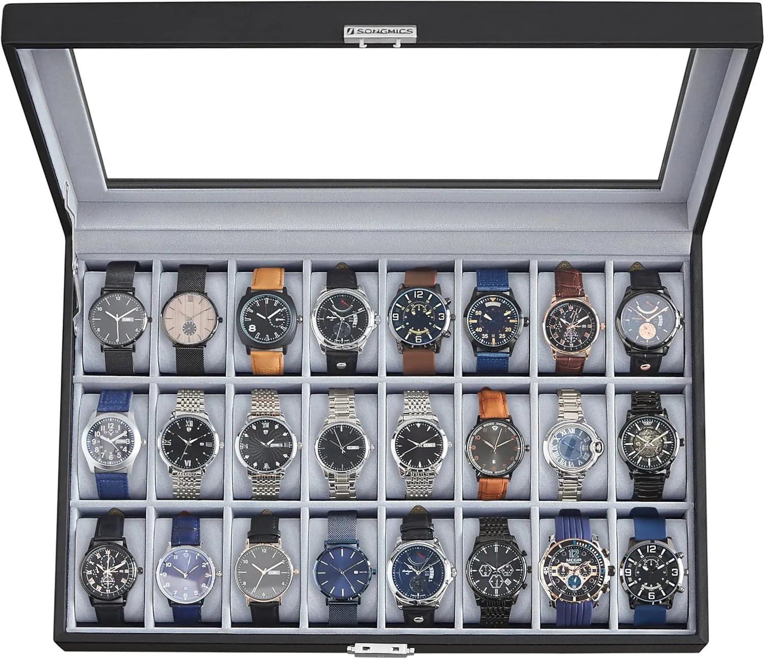 SONGMICS 24-Slot Watch Box, Lockable Storage Case With Glass Lid, Ink Black Synthetic Leather, Dove Gray Lining, Gift Idea UJWB024