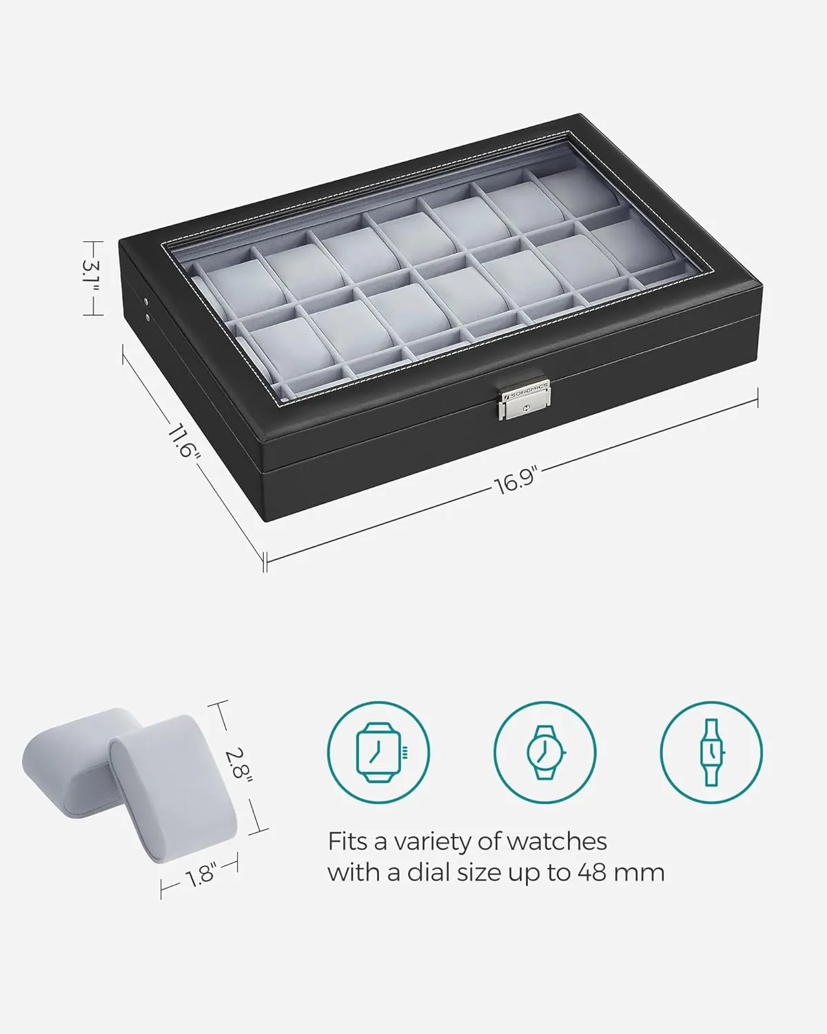 SONGMICS 24-Slot Watch Box, Lockable Storage Case With Glass Lid, Ink Black Synthetic Leather, Dove Gray Lining, Gift Idea UJWB024