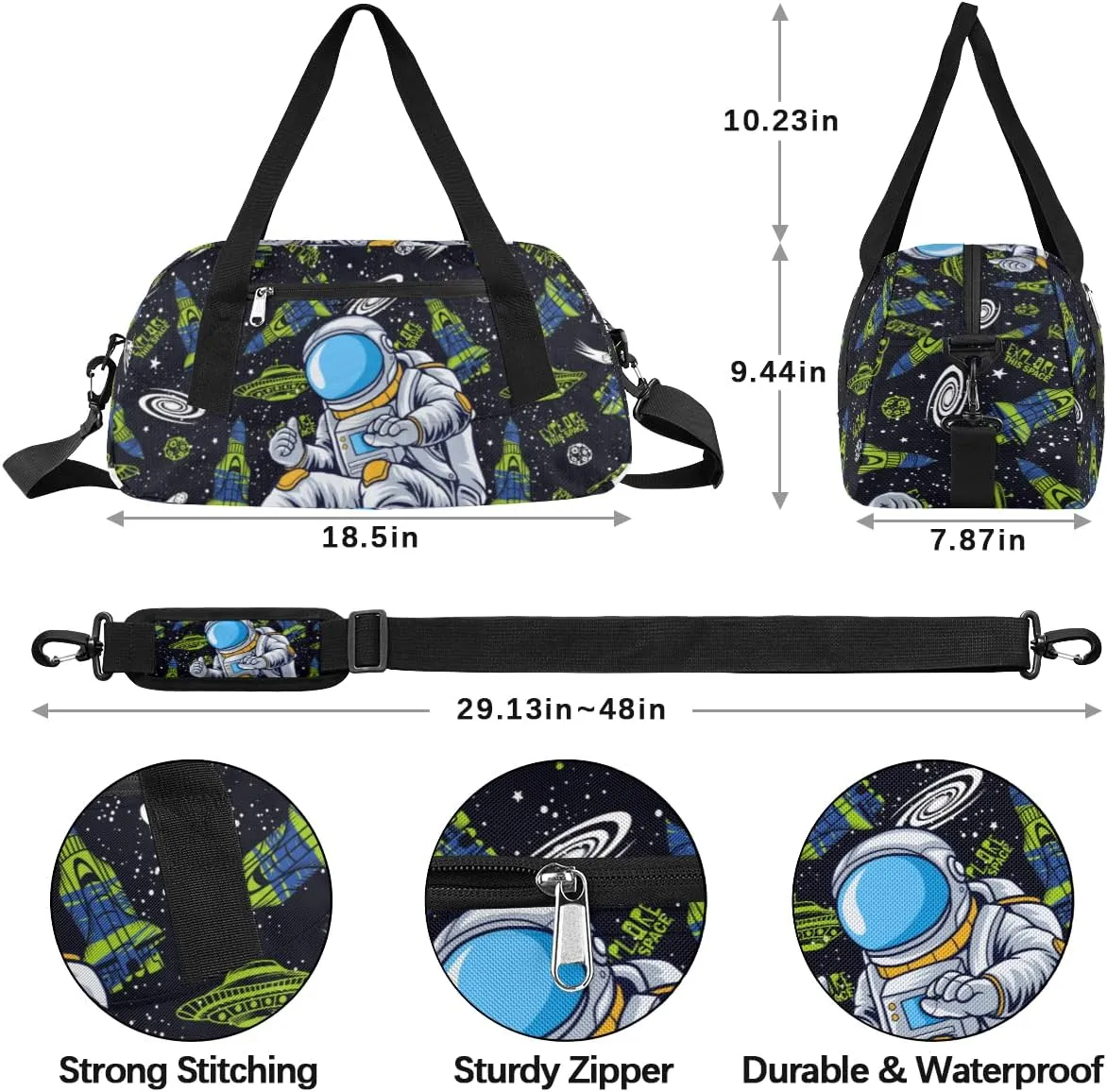 Space Rockets Astronaut Kids Overnight Duffle Bags Boys Girls Teen Sports Gym Bag for Weekender Travel Gymnastics Dance Ballet