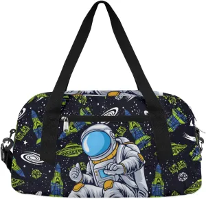 Space Rockets Astronaut Kids Overnight Duffle Bags Boys Girls Teen Sports Gym Bag for Weekender Travel Gymnastics Dance Ballet