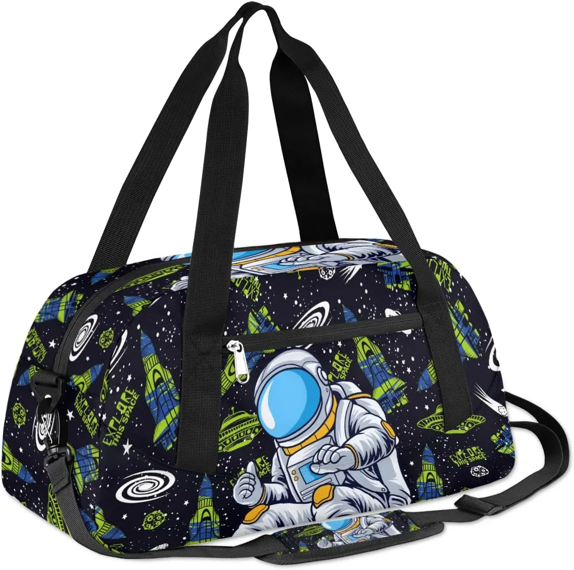 Space Rockets Astronaut Kids Overnight Duffle Bags Boys Girls Teen Sports Gym Bag for Weekender Travel Gymnastics Dance Ballet