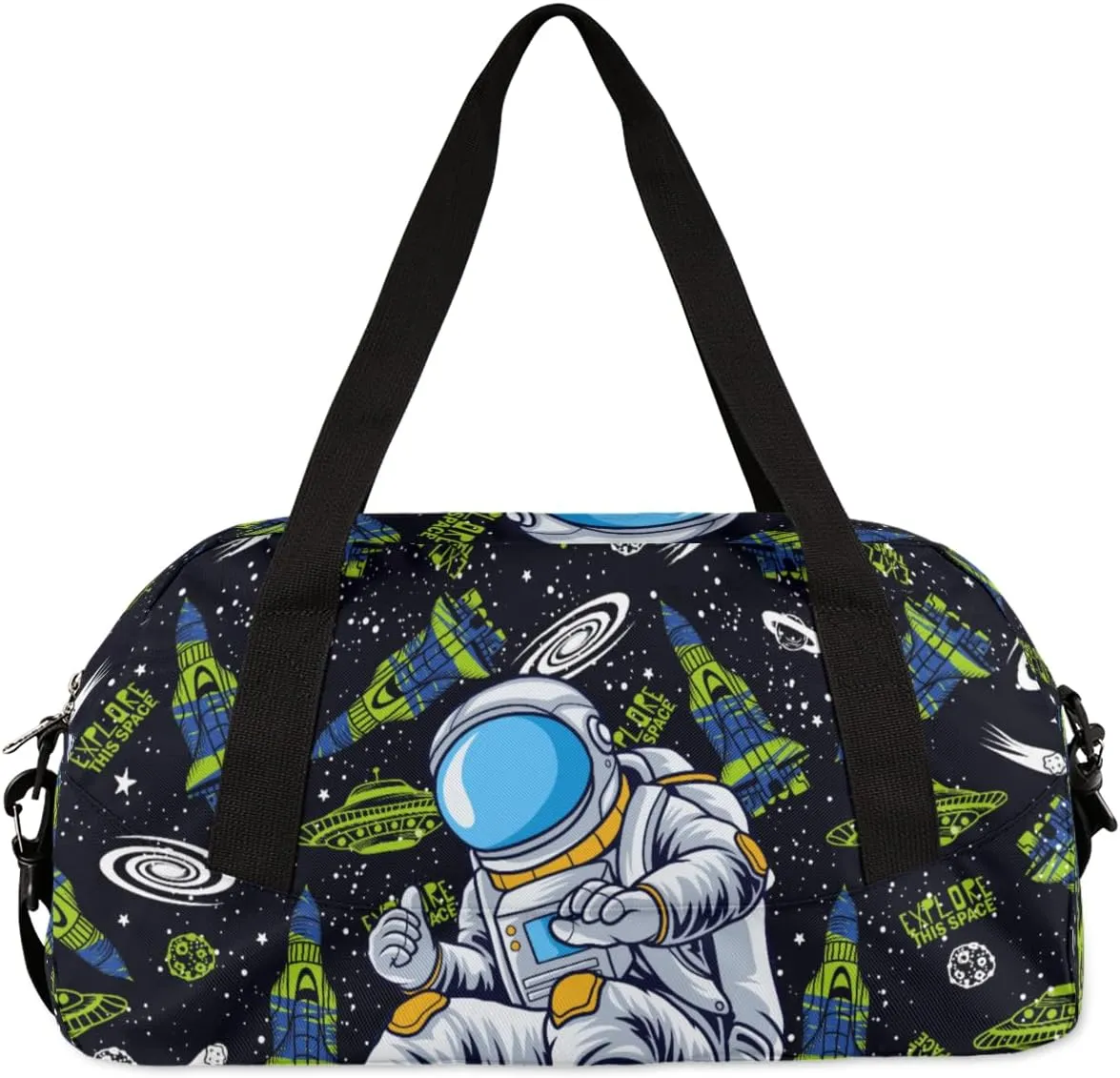 Space Rockets Astronaut Kids Overnight Duffle Bags Boys Girls Teen Sports Gym Bag for Weekender Travel Gymnastics Dance Ballet