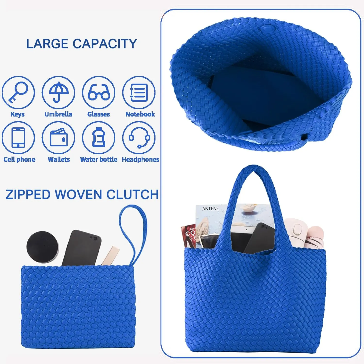 SporGenius Woven Tote Bag for Women, Vegan Leather Beach Bags with Small Purse, Large Travel Top Handle Handbags
