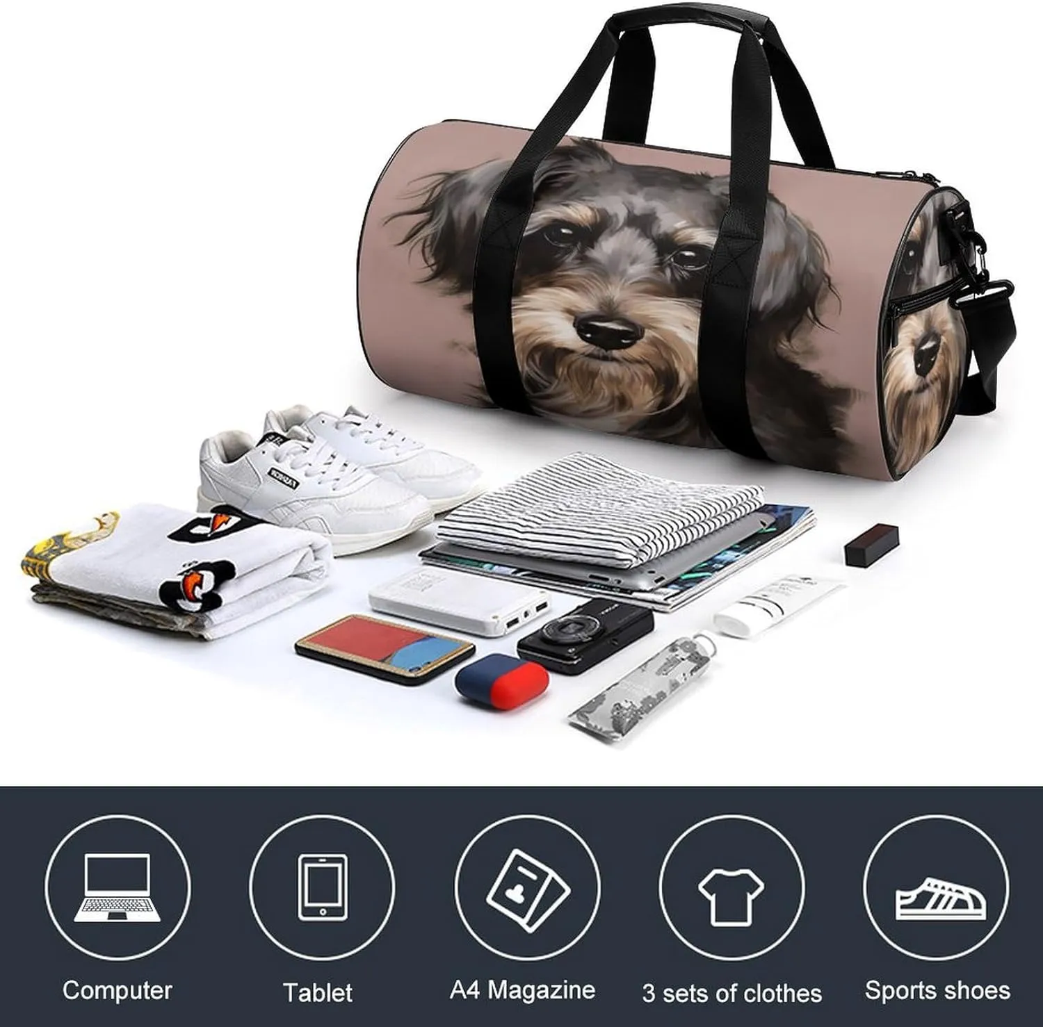 Sport Gym Bag for Women Men,A Dog Cylindrical Travel Duffel Bag with Adjustable Straps for Travel, Sports, Workout