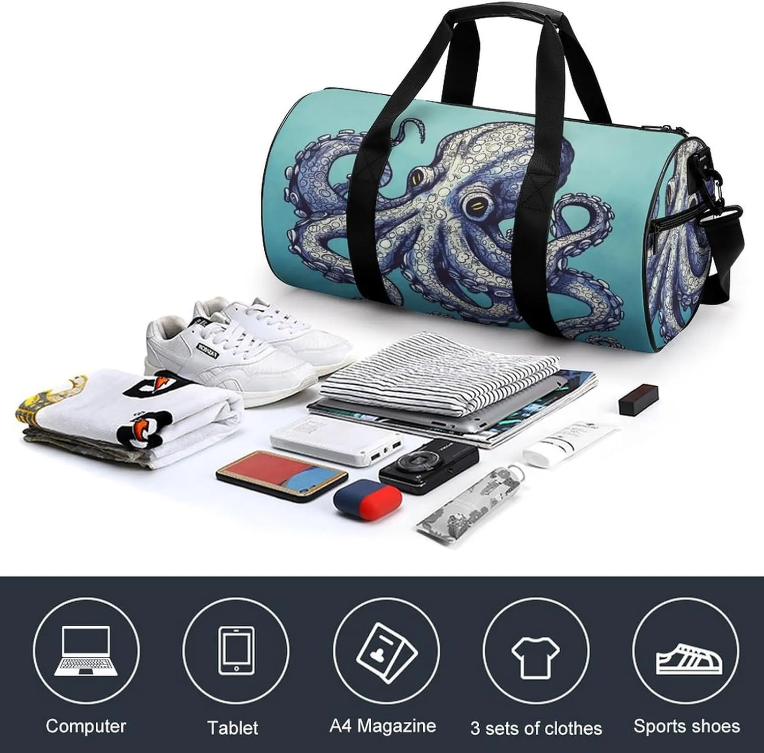 Sport Gym Bag for Women Men,Owl Cylindrical Travel Duffel Bag with Adjustable Straps for Travel, Sports, Workout