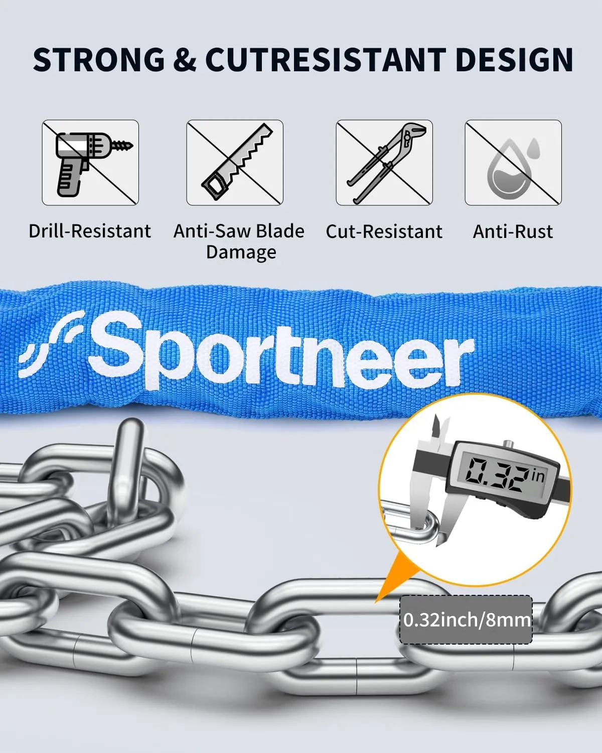 Sportneer Bike Lock: 8mm Thick High Security Anti Theft Bike Chain Lock with 2 Keys- 3.2/4ft Long Heavy Duty Anti-Cut Bicycle Lock for Bike, Motorcycle, Bicycle, Door, Gate, Fence, Grill
