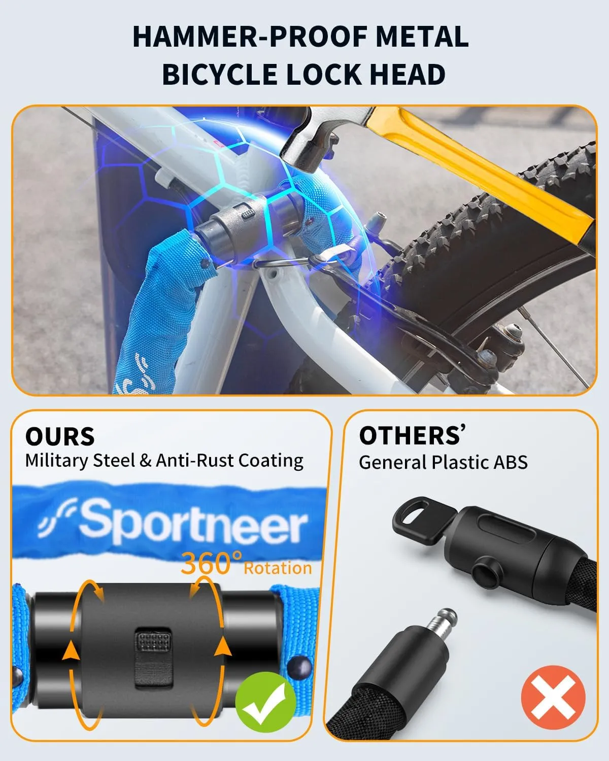 Sportneer Bike Lock: 8mm Thick High Security Anti Theft Bike Chain Lock with 2 Keys- 3.2/4ft Long Heavy Duty Anti-Cut Bicycle Lock for Bike, Motorcycle, Bicycle, Door, Gate, Fence, Grill