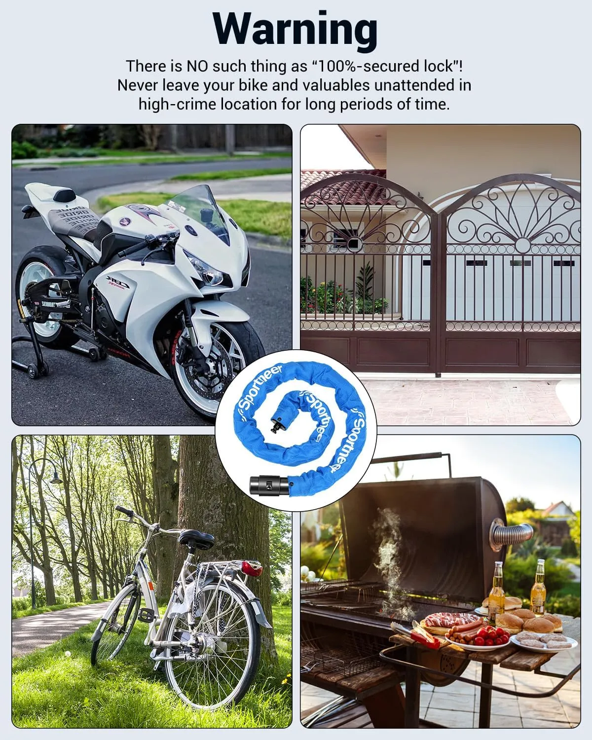 Sportneer Bike Lock: 8mm Thick High Security Anti Theft Bike Chain Lock with 2 Keys- 3.2/4ft Long Heavy Duty Anti-Cut Bicycle Lock for Bike, Motorcycle, Bicycle, Door, Gate, Fence, Grill