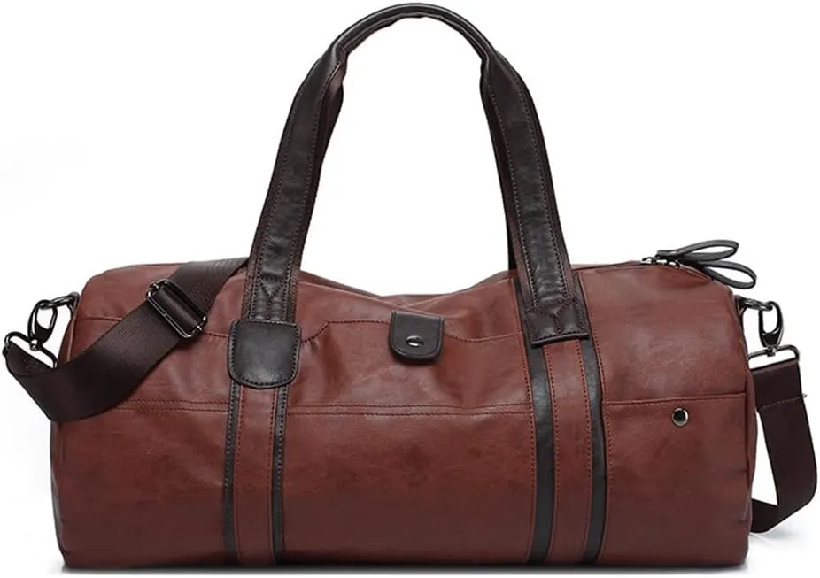 Sports Bag Men for Gym Yoga Soft Pu Leather Cylindrical Sport Fitness Bag Male Shoulder Travel Luggage Bag(White-Patch Five-Pointed star4)
