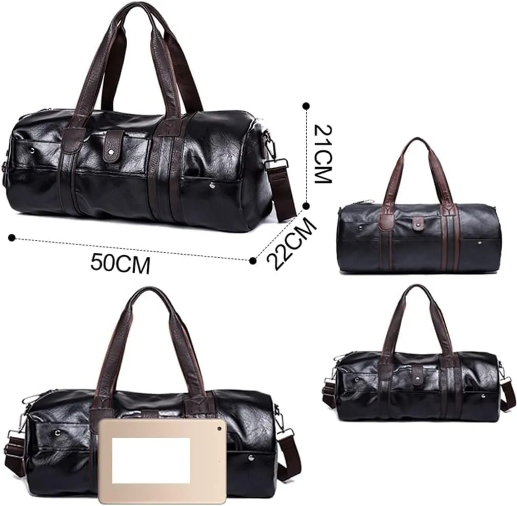 Sports Bag Men for Gym Yoga Soft Pu Leather Cylindrical Sport Fitness Bag Male Shoulder Travel Luggage Bag(White-Patch Five-Pointed star4)