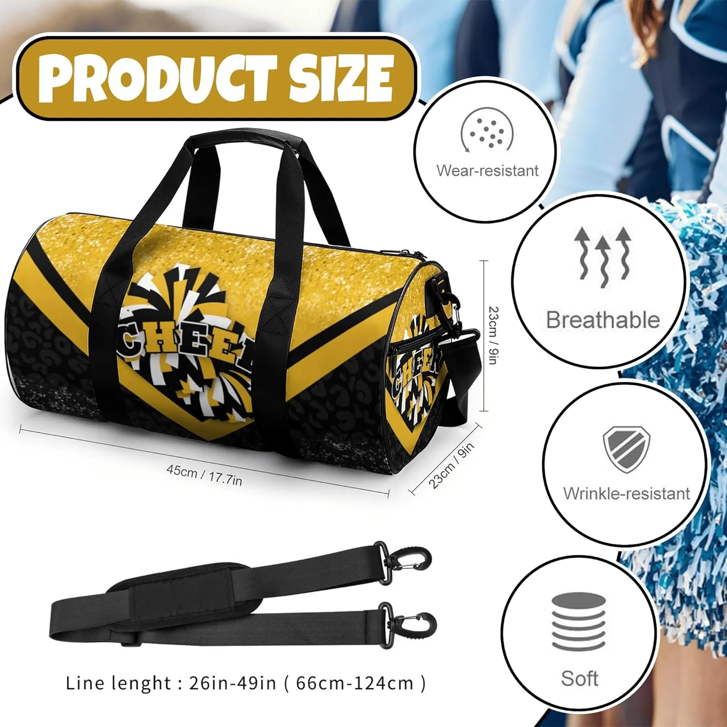 Sports Duffel for Cheerleaders, Cheer Bag for Women, Travel Duffle Bag, Weekender Bag, Cheerleading Gym Bag (Gold&Black)