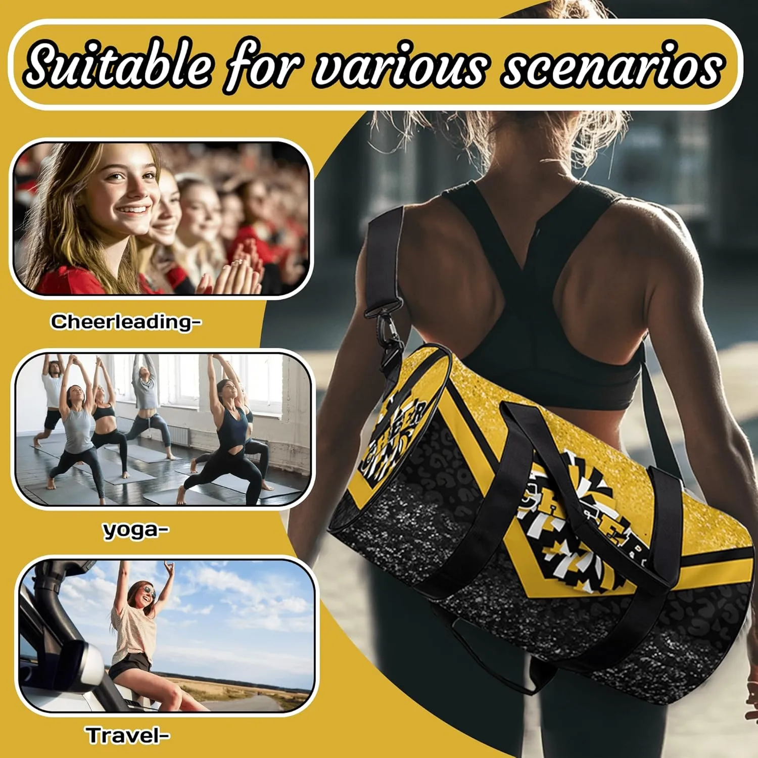 Sports Duffel for Cheerleaders, Cheer Bag for Women, Travel Duffle Bag, Weekender Bag, Cheerleading Gym Bag (Gold&Black)