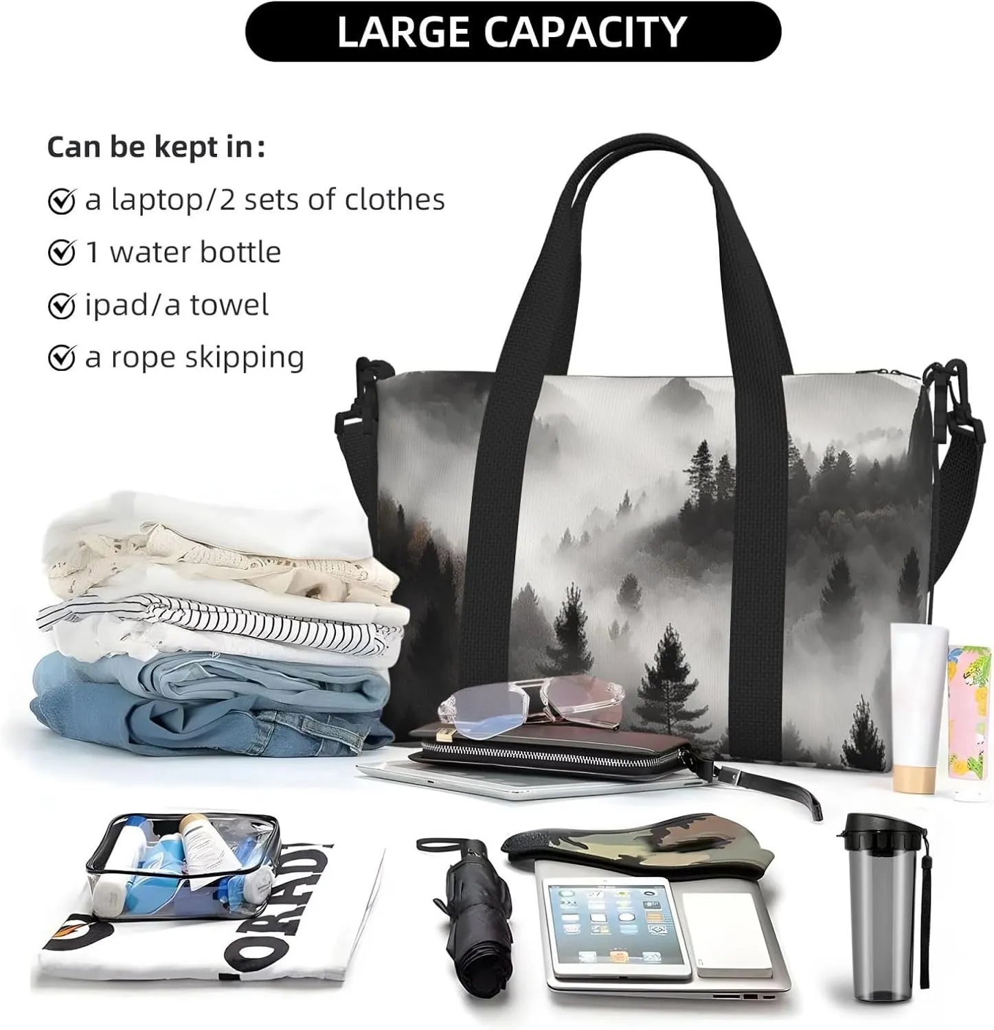 Sports Gym Bag for Women Men Travel Duffel Bag Tote Weekender Bag Carry on Overnight Bag for Travel Swimming Fitness Workout Sports Foggy Mountains Forest Duffle Bag
