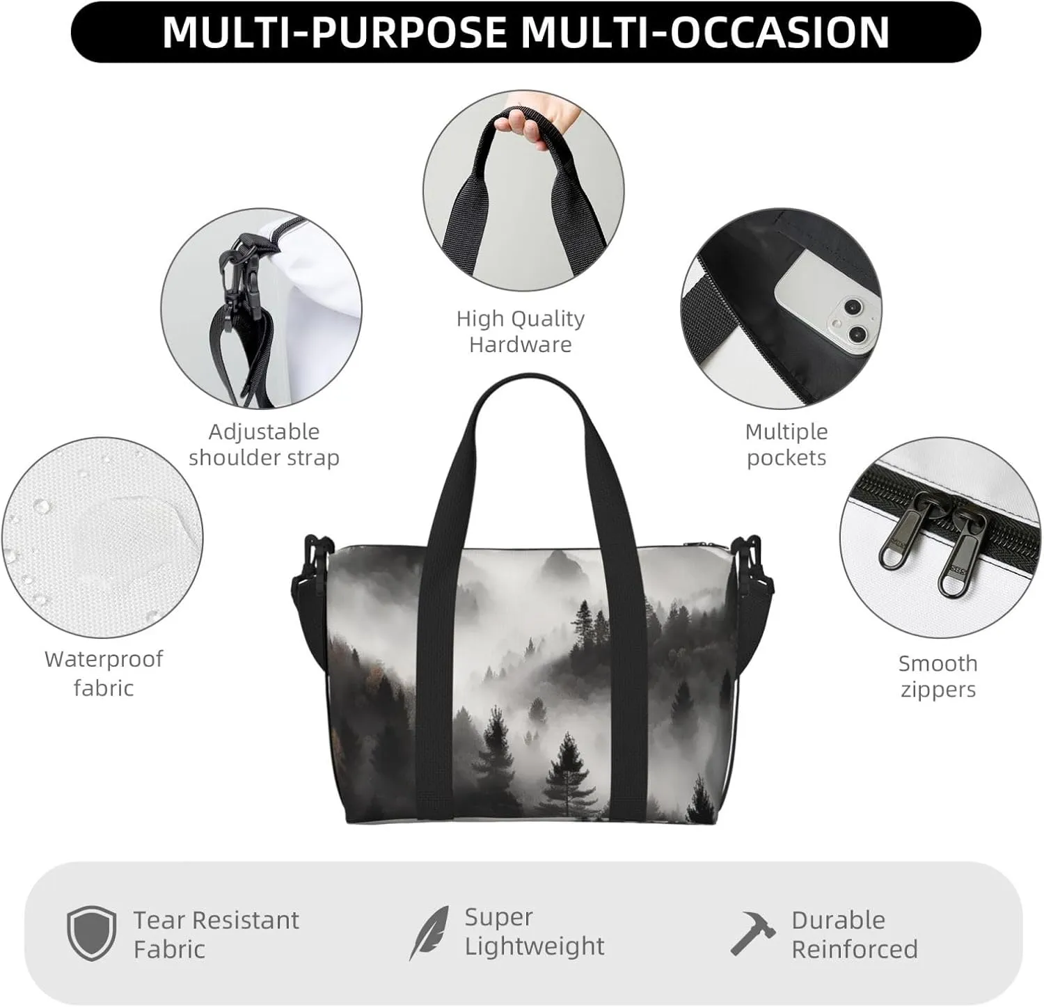 Sports Gym Bag for Women Men Travel Duffel Bag Tote Weekender Bag Carry on Overnight Bag for Travel Swimming Fitness Workout Sports Foggy Mountains Forest Duffle Bag