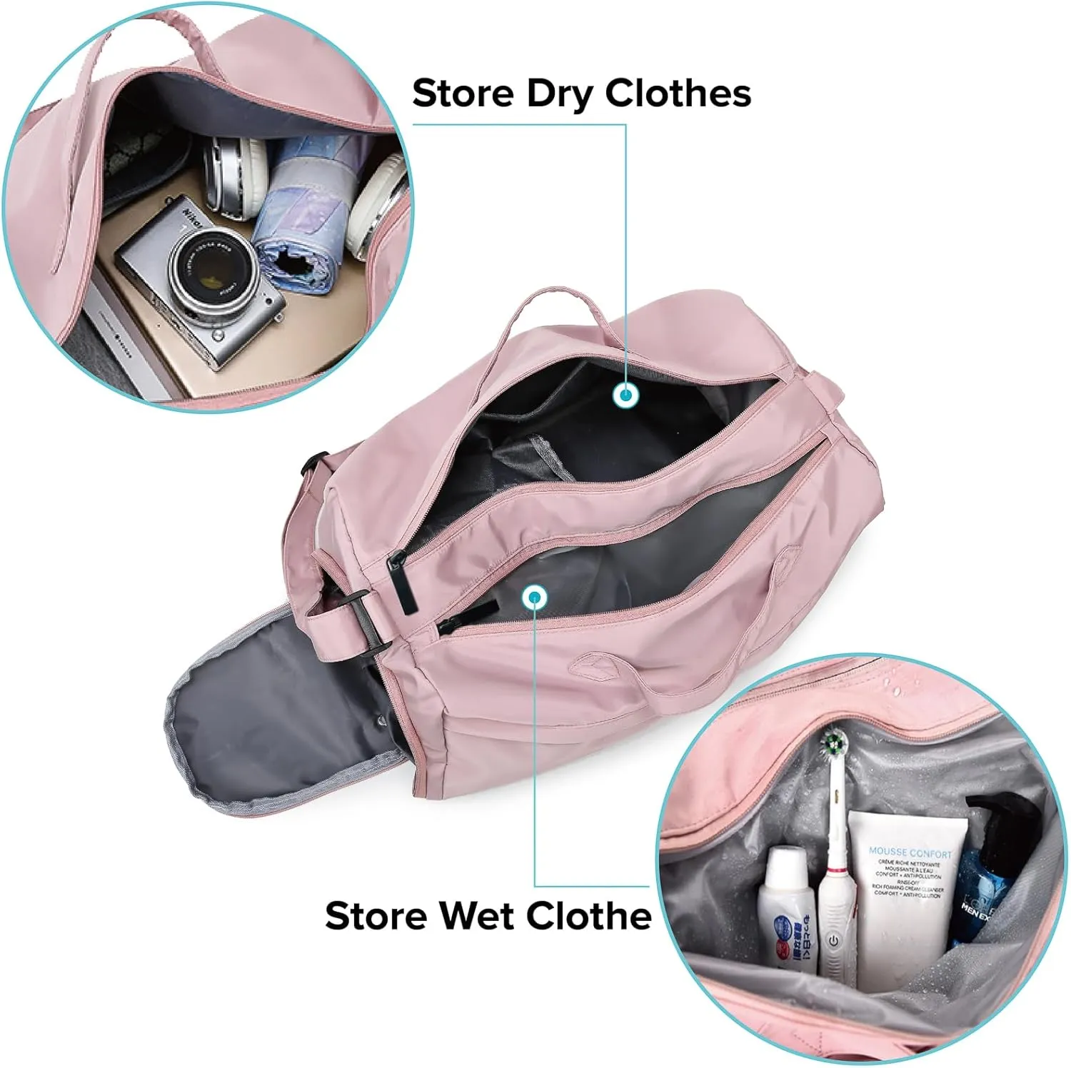 Sports Gym Bag for Women, Travel Workout Duffel Overnight Shoulder Bags with Shoes Compartment and Wet Pocket Lightweight Weekend Waterproof Pink