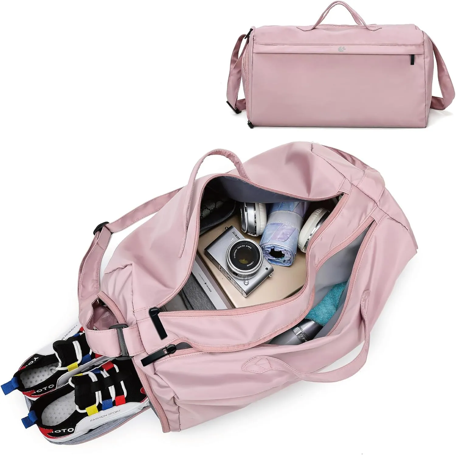 Sports Gym Bag for Women, Travel Workout Duffel Overnight Shoulder Bags with Shoes Compartment and Wet Pocket Lightweight Weekend Waterproof Pink