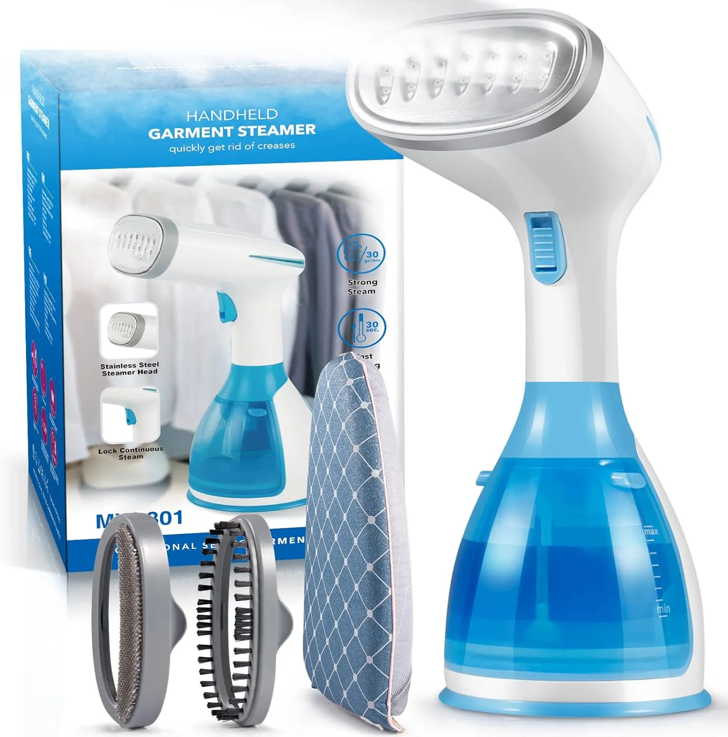 Steamer for Clothes 15s Heat Up Handheld Garment Steamer with Ironing Glove, Fabric & Lint Brush, Portable Travel Clothes Steamer with 3 Steam Modes, Fabric Wrinkle Remover with Detachable Water Tank