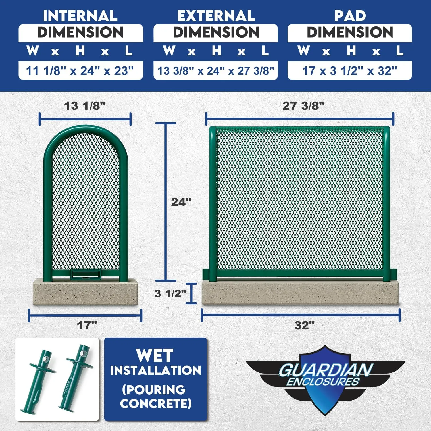 Steel Protection Backflow Preventer Security Cage for Outside - Small - Green - Guardian Enclosures - Dimensions, Wet Installation (Anchors for Pouring Concrete)