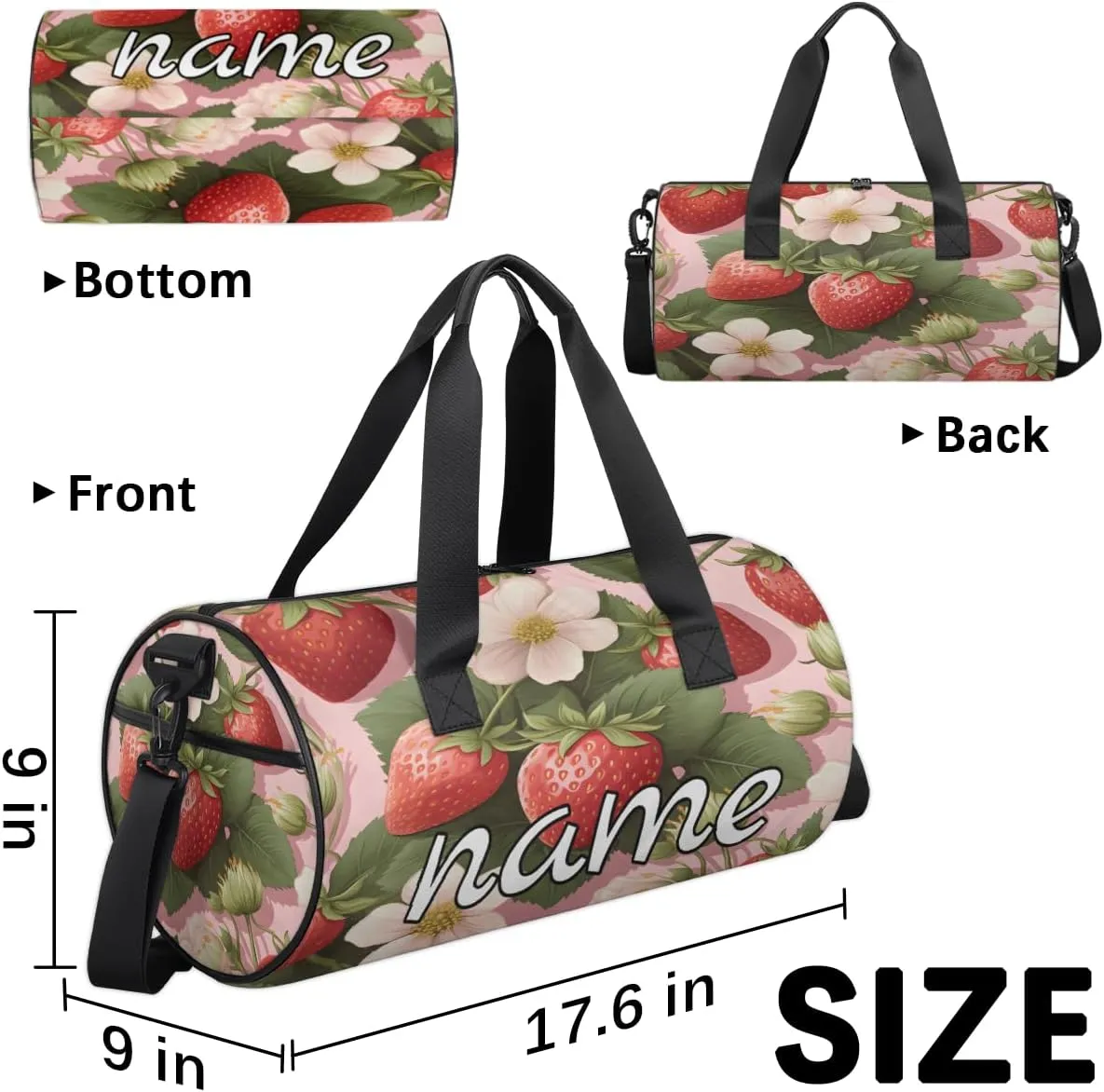 Strawberry Flowers Personalized Dance Bags, Strawberry Flowers Custom Sport Duffel Bag Travel Duffle Bag Overnight Weekender Bag