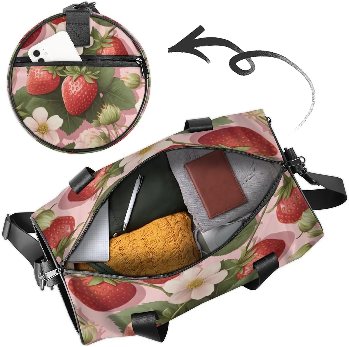 Strawberry Flowers Personalized Dance Bags, Strawberry Flowers Custom Sport Duffel Bag Travel Duffle Bag Overnight Weekender Bag