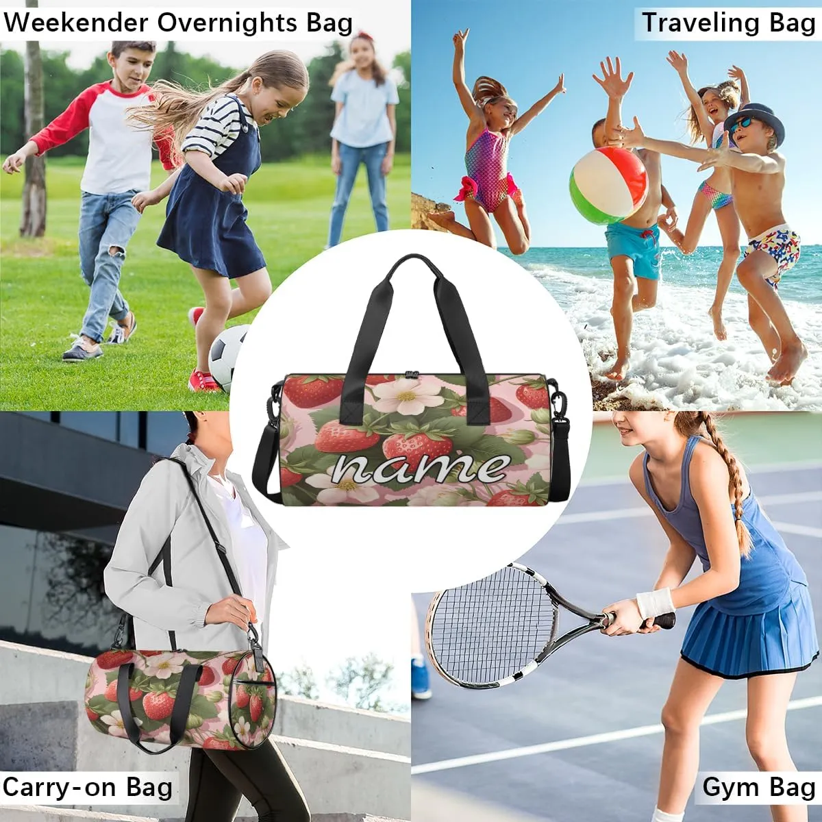 Strawberry Flowers Personalized Dance Bags, Strawberry Flowers Custom Sport Duffel Bag Travel Duffle Bag Overnight Weekender Bag