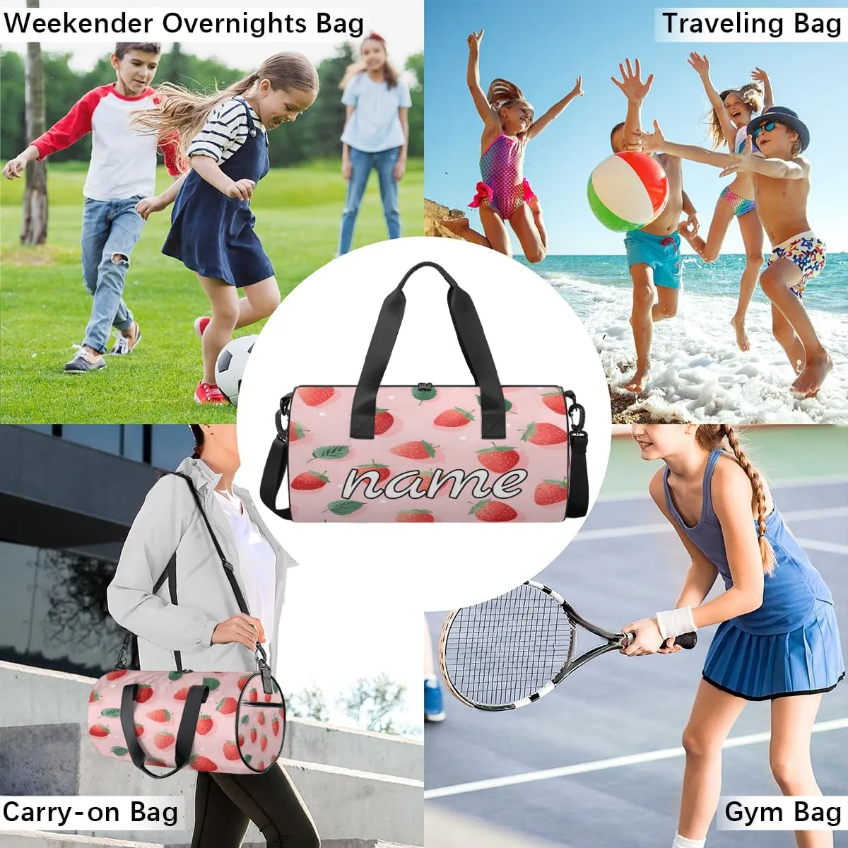 Strawberry Leaves Personalized Dance Bags, Strawberry Leaves Custom Sport Duffel Bag Travel Duffle Bag Overnight Weekender Bag