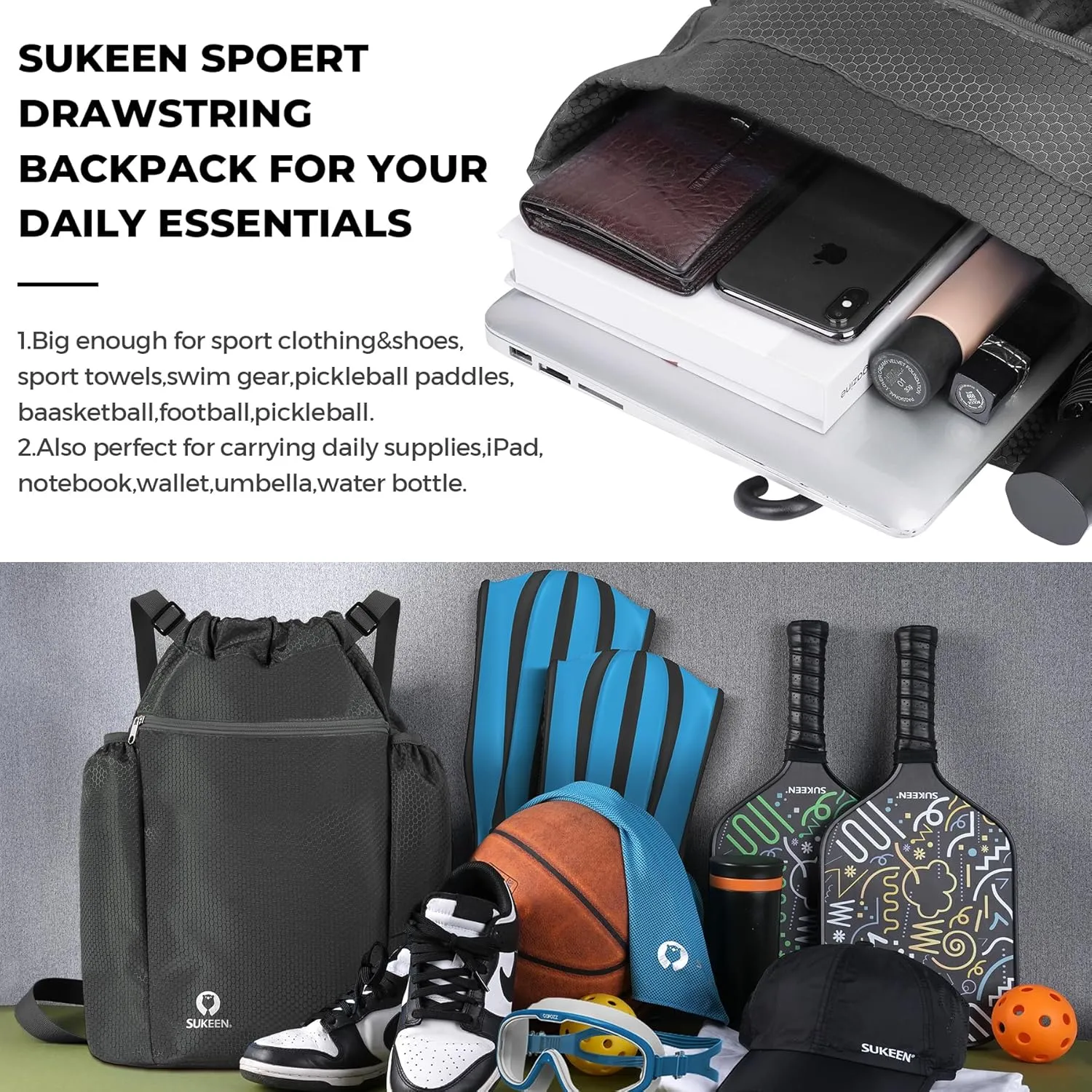 Sukeen Drawstring Backpack Swim Bag Lightweight String Backpack for Beach Pickleball Swimming Pool Gym Workout Gear Sport