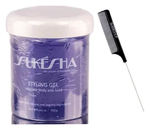 Sukesha Styling Gel with Keratin & Quinoa Proteins for Hair Volume, Texture, Thickness (w/Sleek Comb) Hair Styling, UV  Color Protection, 100% Vegan (16 oz / 500 ml - LARGE TUB SIZE)