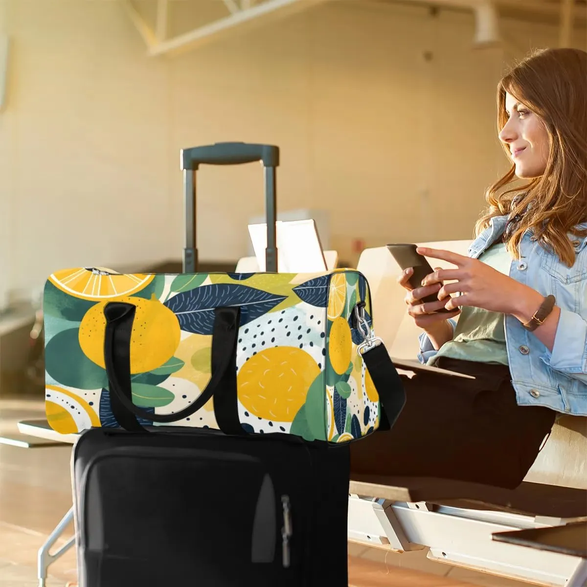 Summer Lemon Travel Duffel Bag for Women Men Waterproof Foldable Overnight Weekender Bag Large Capacity Sports Gym Bag