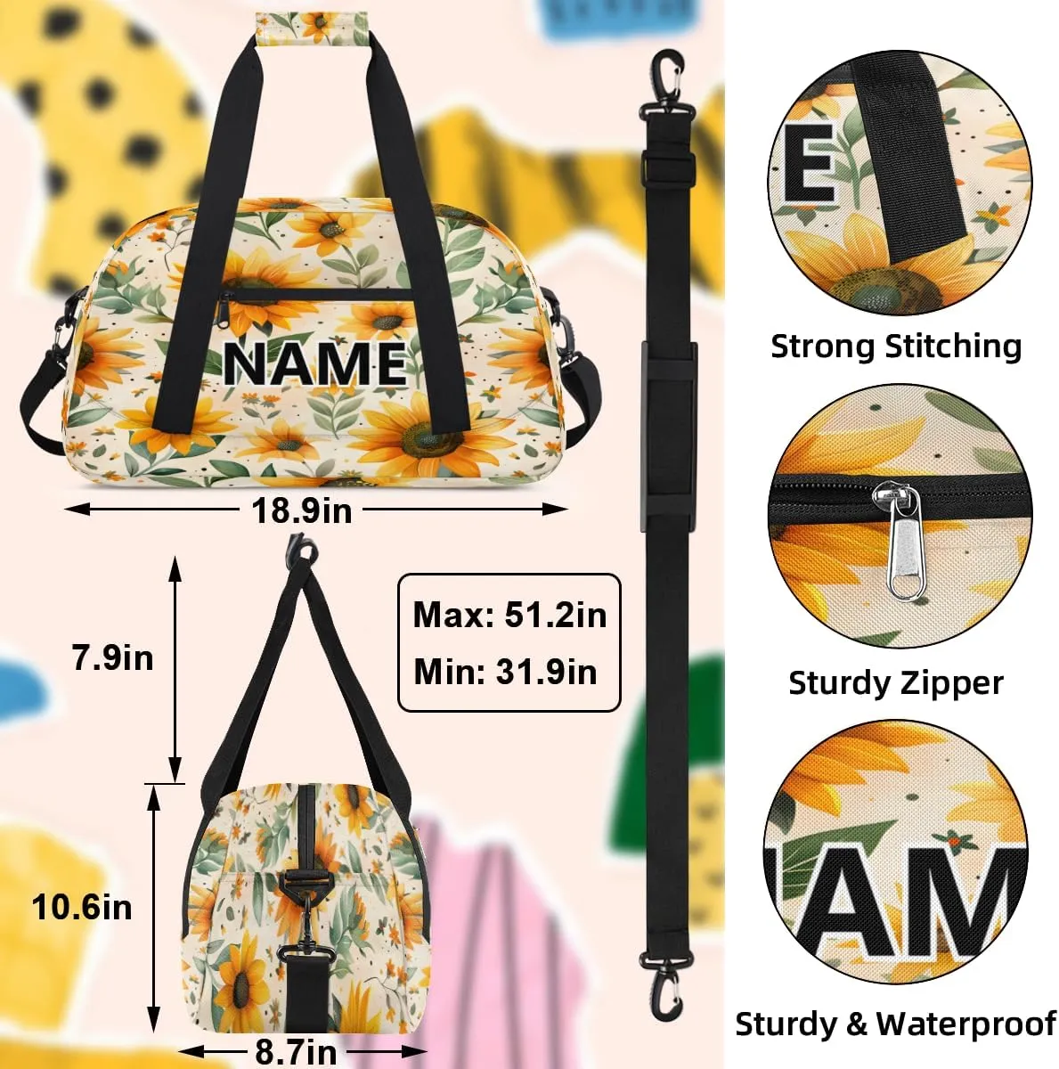 Sunflower Mini Gym Bag 18 inch for Women Men Waterproof Custom Floal Farmhouse Travel Duffel Bag Carry On Overnight Tote Nurse Bag for Work Fitness Hiking