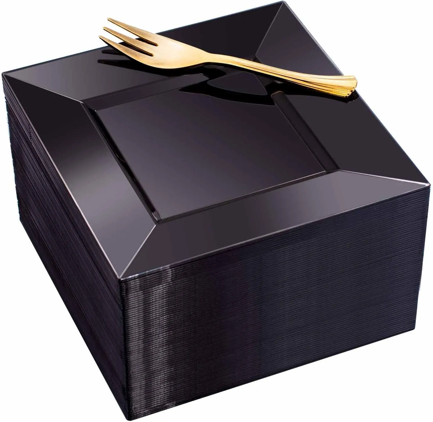 supernal 100pcs Black Square Plastic Dessert Plates with 100pcs Gold Dessert Forks,Elegant Appetizer and Salad Plastic Plates,Black Square Cake Plates for Party,Birthday, Wedding,Afternoon Tea