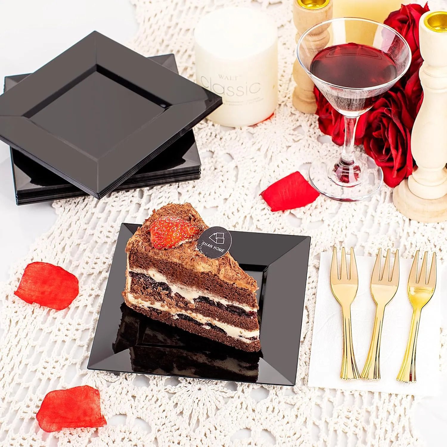 supernal 100pcs Black Square Plastic Dessert Plates with 100pcs Gold Dessert Forks,Elegant Appetizer and Salad Plastic Plates,Black Square Cake Plates for Party,Birthday, Wedding,Afternoon Tea