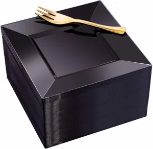 supernal 100pcs Black Square Plastic Dessert Plates with 100pcs Gold Dessert Forks,Elegant Appetizer and Salad Plastic Plates,Black Square Cake Plates for Party,Birthday, Wedding,Afternoon Tea