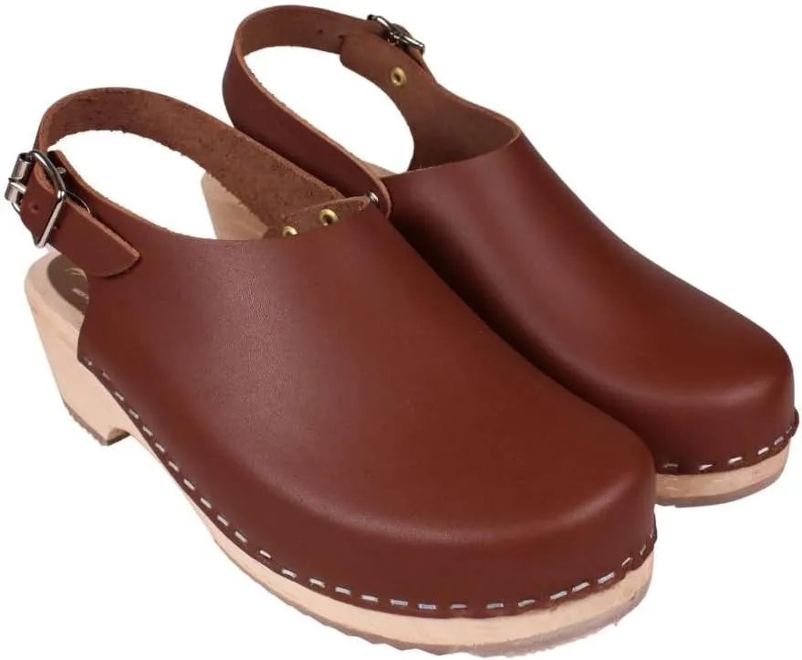 Swedish Low Slingback Clogs - Cinnamon Leather Clogs for Women I Supportive Wooden Clog I 2 inch Heel & 3/4 inch Platform
