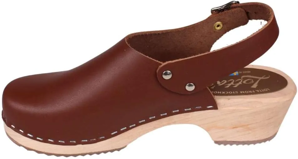 Swedish Low Slingback Clogs - Cinnamon Leather Clogs for Women I Supportive Wooden Clog I 2 inch Heel & 3/4 inch Platform