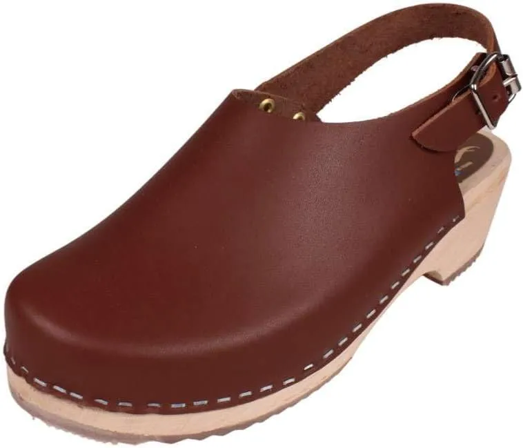 Swedish Low Slingback Clogs - Cinnamon Leather Clogs for Women I Supportive Wooden Clog I 2 inch Heel & 3/4 inch Platform