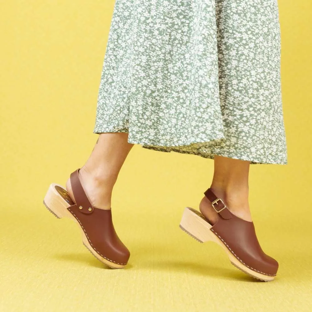Swedish Low Slingback Clogs - Cinnamon Leather Clogs for Women I Supportive Wooden Clog I 2 inch Heel & 3/4 inch Platform