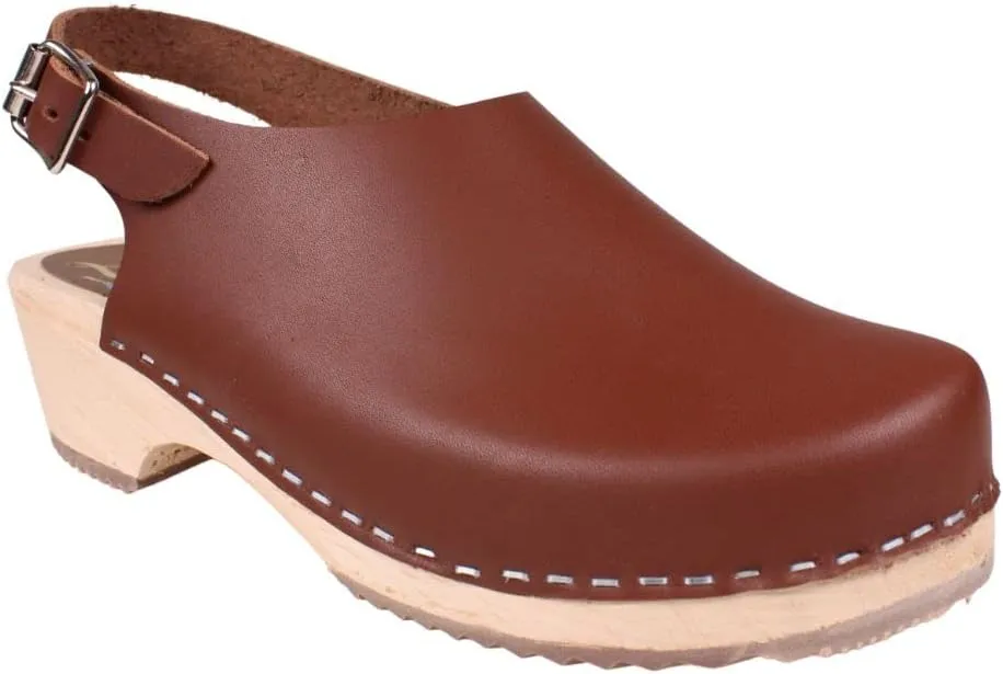 Swedish Low Slingback Clogs - Cinnamon Leather Clogs for Women I Supportive Wooden Clog I 2 inch Heel & 3/4 inch Platform