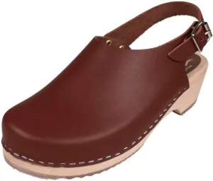 Swedish Low Slingback Clogs - Cinnamon Leather Clogs for Women I Supportive Wooden Clog I 2 inch Heel & 3/4 inch Platform