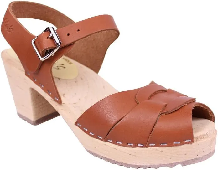 Swedish Peep Toe Clogs in Tan Leather - Comfy Clogs for Women | Rubber Sole | Shoes with Shaped Footbed Handcrafted in Sweden