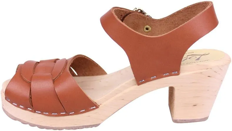 Swedish Peep Toe Clogs in Tan Leather - Comfy Clogs for Women | Rubber Sole | Shoes with Shaped Footbed Handcrafted in Sweden