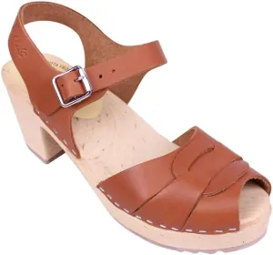 Swedish Peep Toe Clogs in Tan Leather - Comfy Clogs for Women | Rubber Sole | Shoes with Shaped Footbed Handcrafted in Sweden