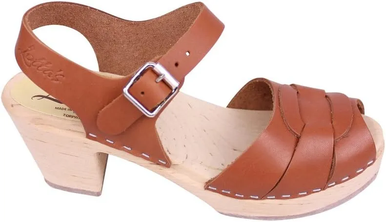 Swedish Peep Toe Clogs in Tan Leather - Comfy Clogs for Women | Rubber Sole | Shoes with Shaped Footbed Handcrafted in Sweden