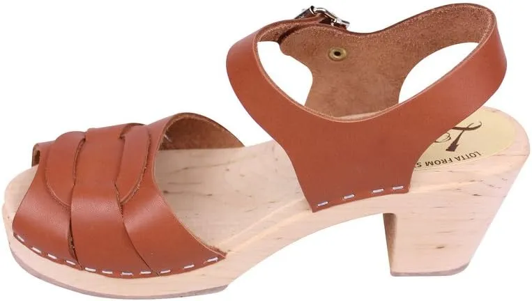 Swedish Peep Toe Clogs in Tan Leather - Comfy Clogs for Women | Rubber Sole | Shoes with Shaped Footbed Handcrafted in Sweden