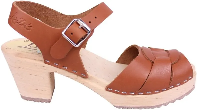 Swedish Peep Toe Clogs in Tan Leather - Comfy Clogs for Women | Rubber Sole | Shoes with Shaped Footbed Handcrafted in Sweden